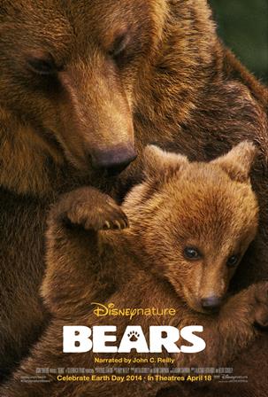 Movie poster for "bears" featuring mother brown bear and baby