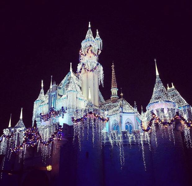 Sleeping Beauty Winter castle at night during the holiday season