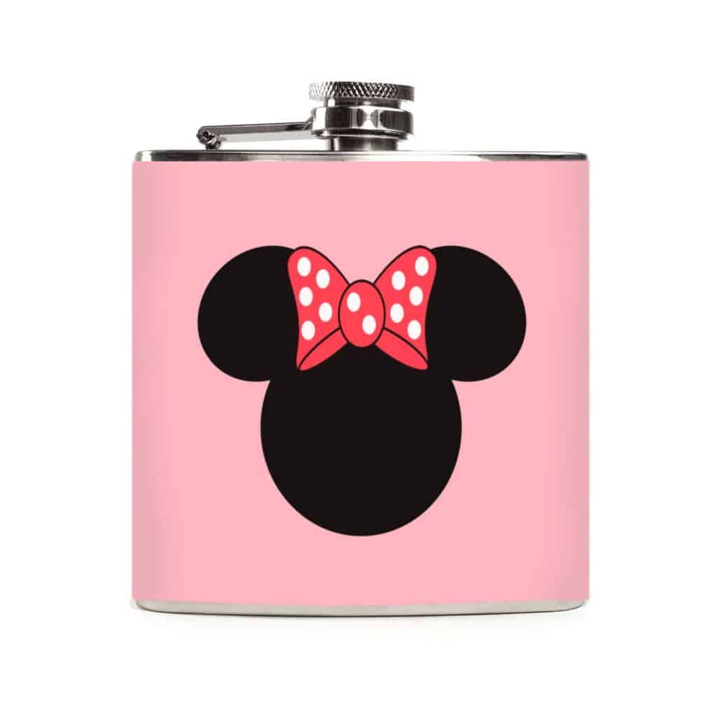 Pink flask in front of white background. The flask has a Minnie Mouse decal on the front.