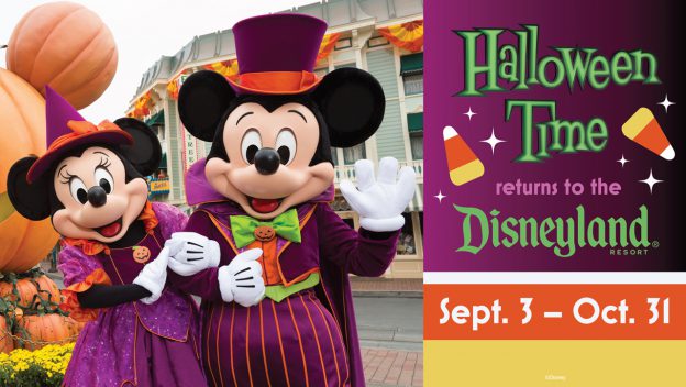 Mickey and Minnie wearing purple, orange, and green Halloween attire.