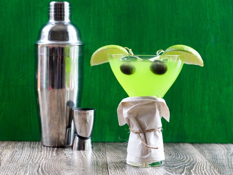 Baby Yoda Cocktail with martini shaker