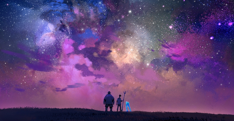 ONWARD movie concept art with Barley, Ian, and their dad's pants looking out into a colorful fantasysky