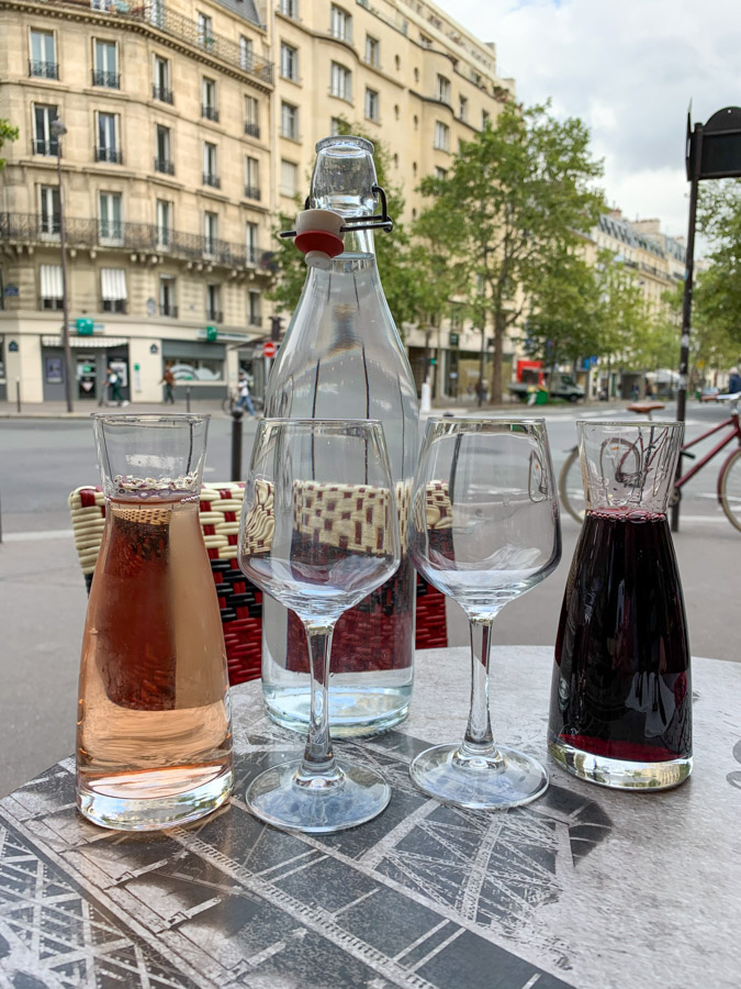 Wine carafes at Paris cafe