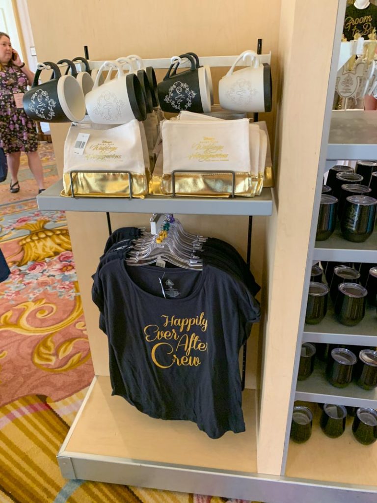 Shirts that read happily ever after crew and wedding mugs