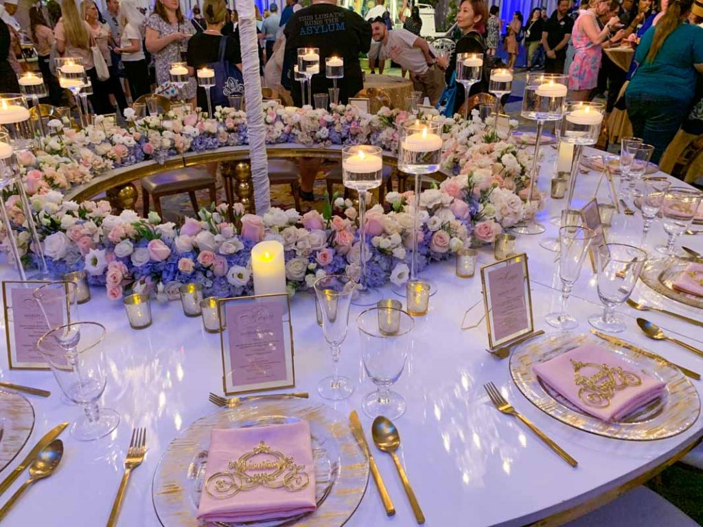 Close up of white wedding reception table