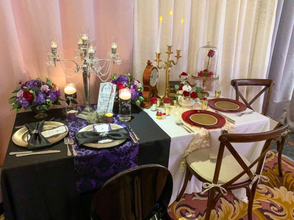 Sample wedding reception table with two different decor themes