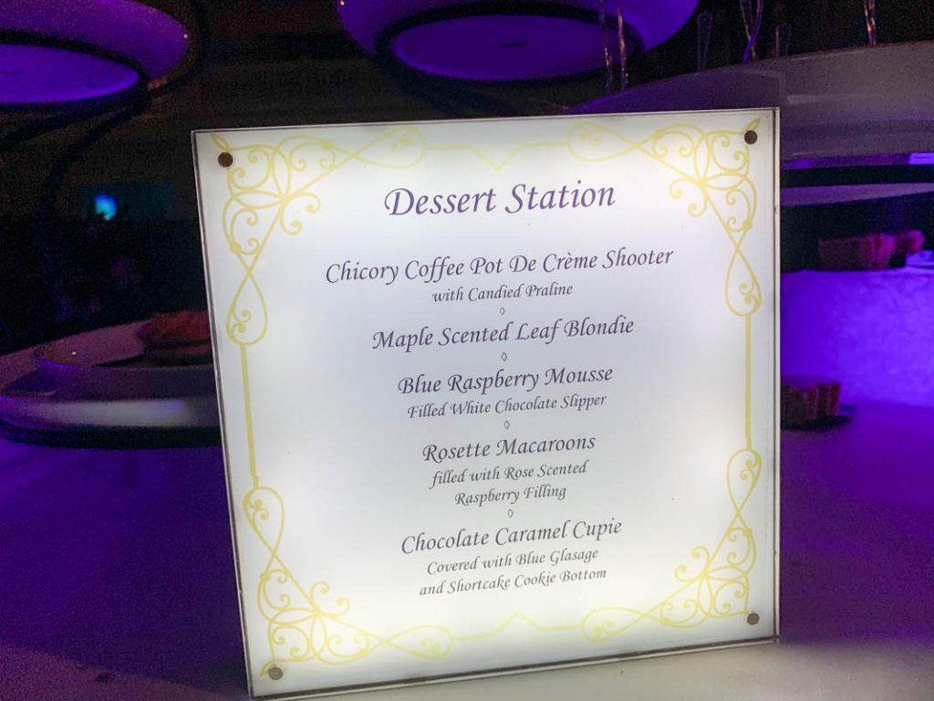 Menu showing list of desserts