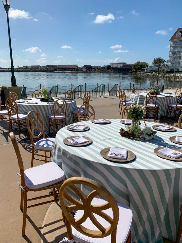 wedding reception tables at summer house patio