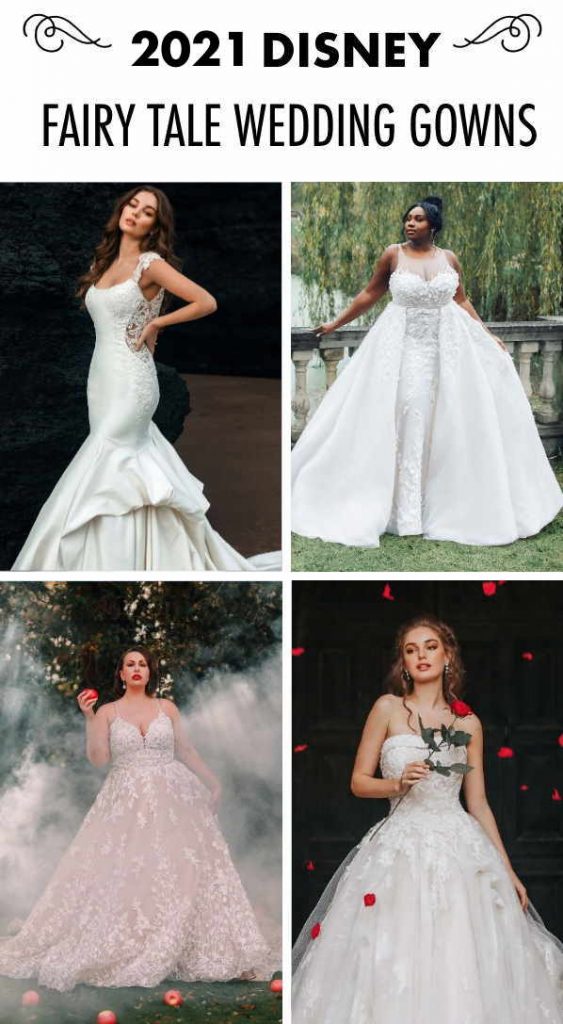 Collage of four brides with text overlay "2021 Disney Fairy Tale Wedding Gowns"