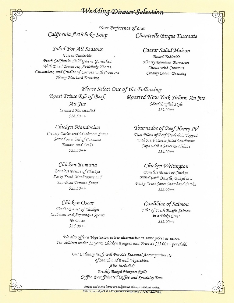 Scan of Disneyland Wedding dinner menu