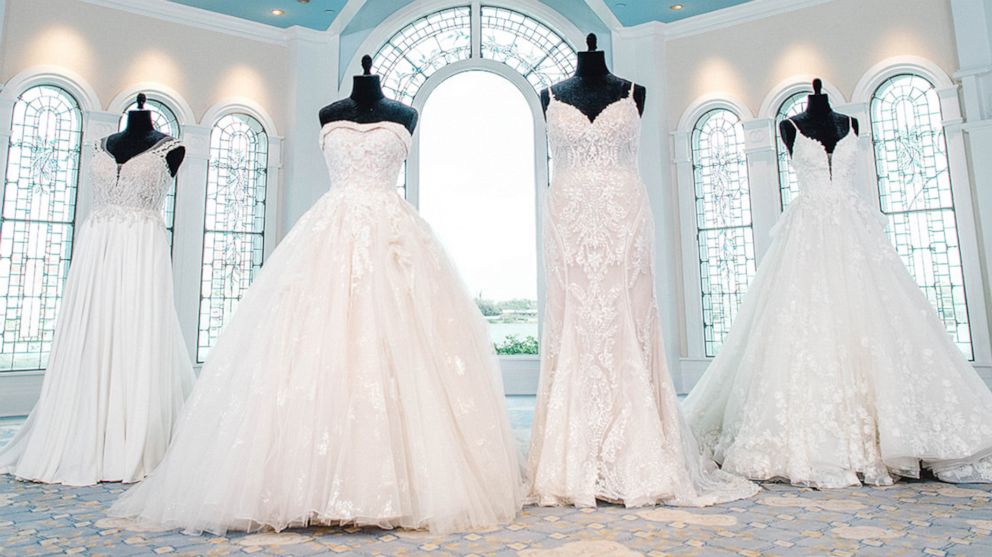 four wedding gowns on mannequins