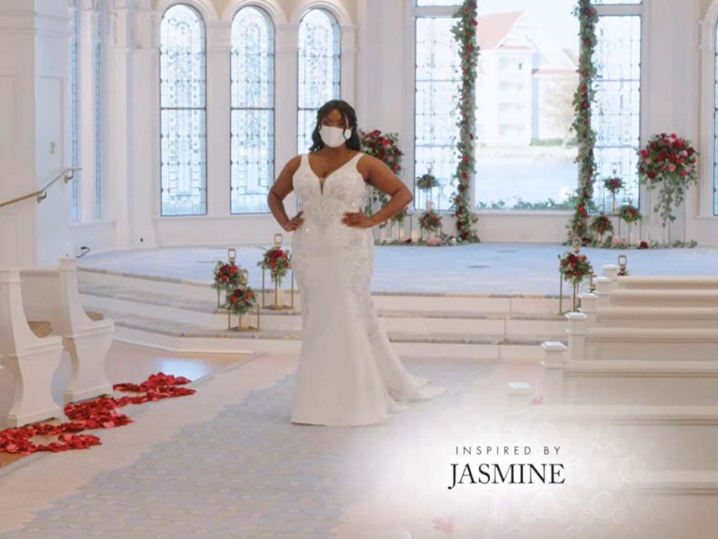 Woman wearing wedding gown inspired by Jasmine