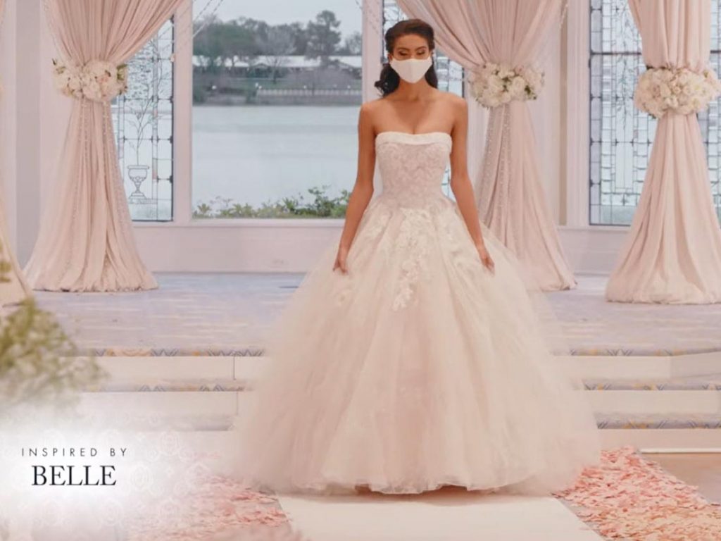 Woman wearing wedding gown inspired by Belle