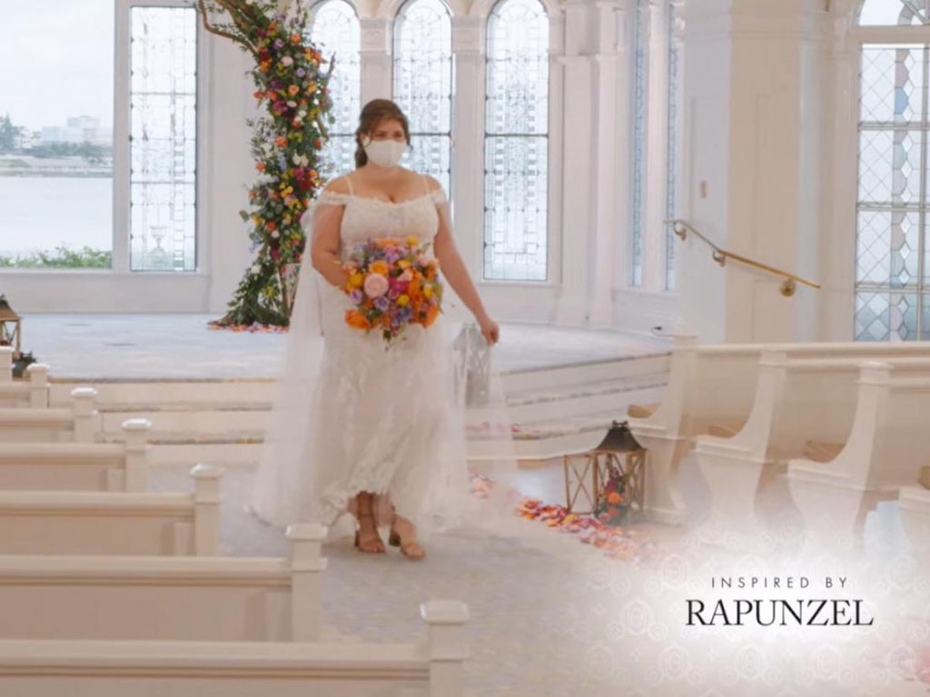 Woman wearing wedding gown inspired by Rapunzel