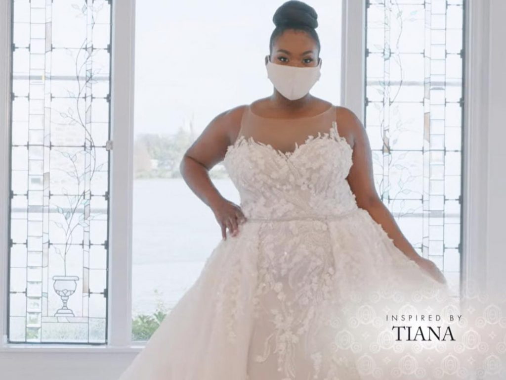 Woman wearing wedding gown inspired by Tiana