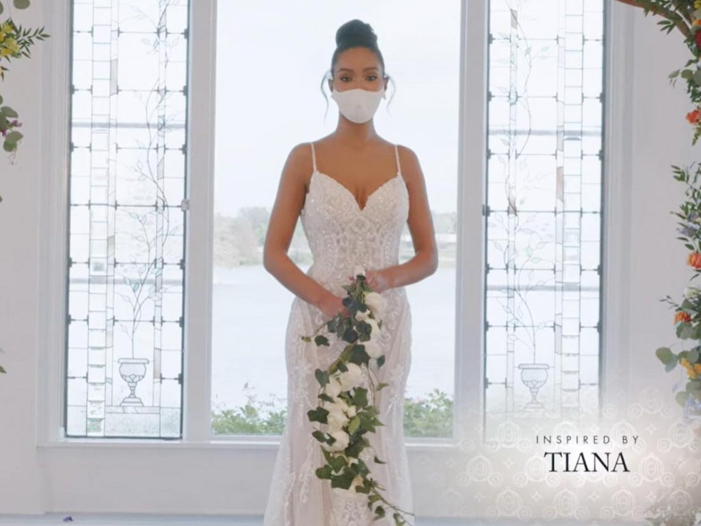 Woman wearing wedding gown inspired by Tiana