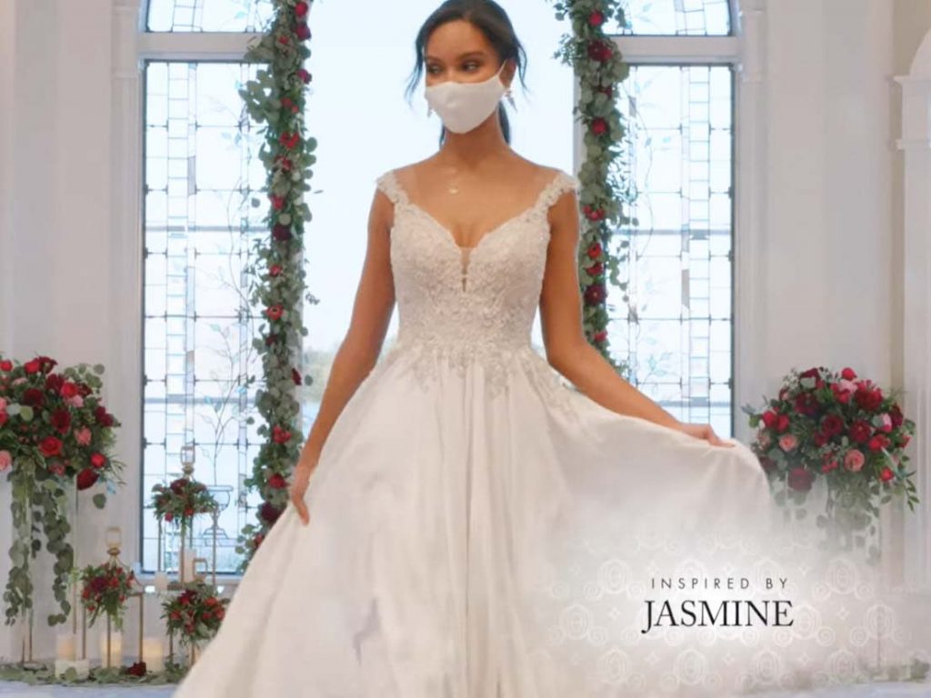 Woman wearing wedding gown inspired by Jasmine