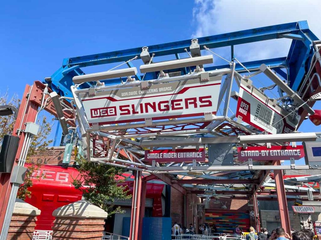 Entrance sign for Web Slingers attraction at Avengers Campus