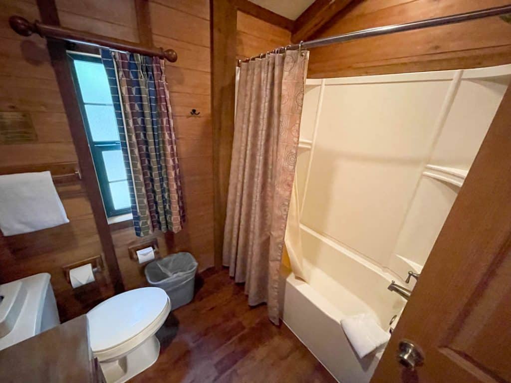 Bathtub and shower area of Fort Wilderness Cabin