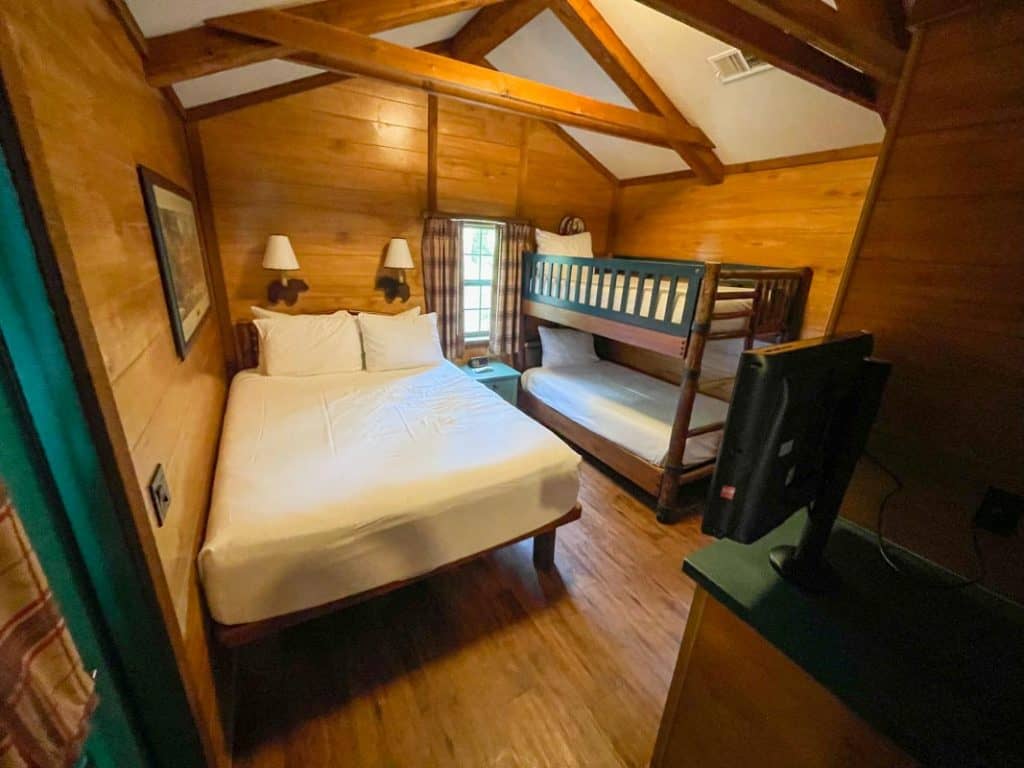 Wide angle shot of bedroom at Fort Wilderness Cabin