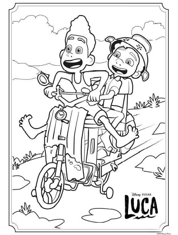 LUCA coloring page with Luca and Alberto on a homemade scooter