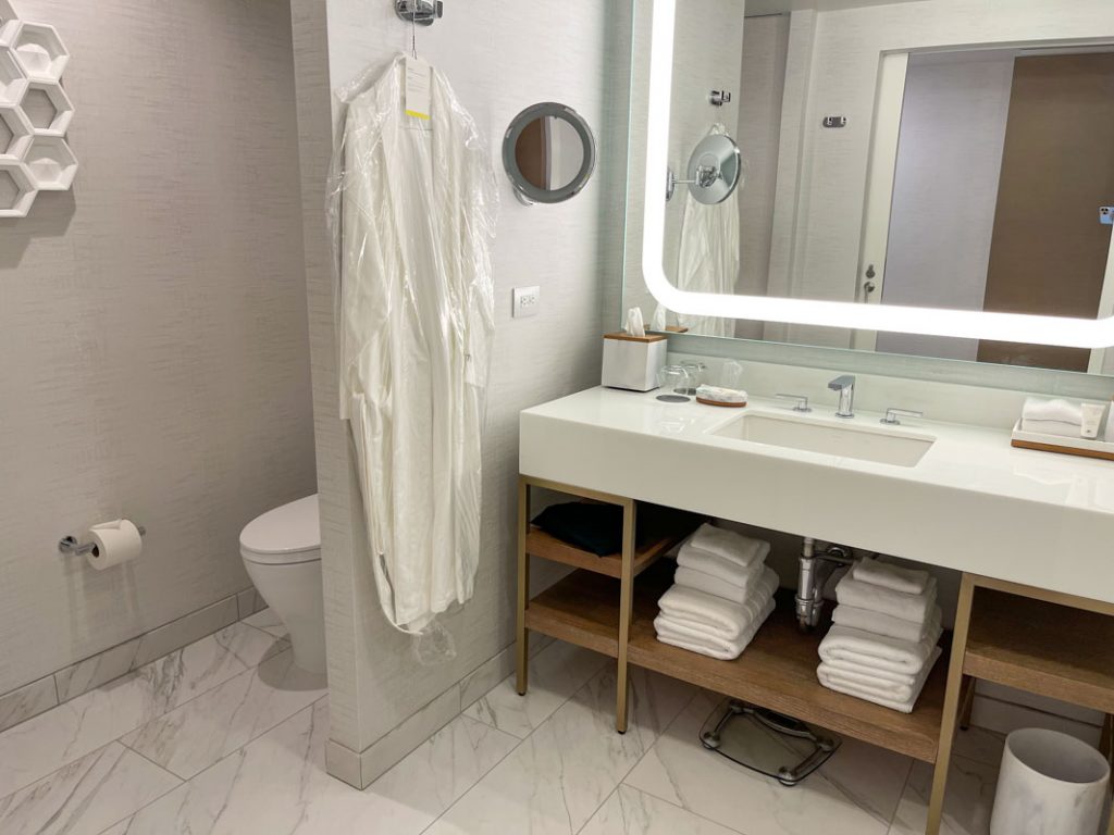 Interior of Westin Anaheim hotel room bathroom with sink and toilet