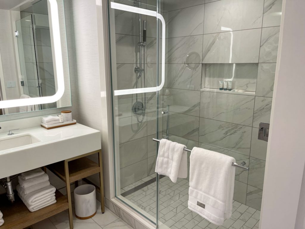 Interior of Westin Anaheim hotel room bathroom with shower