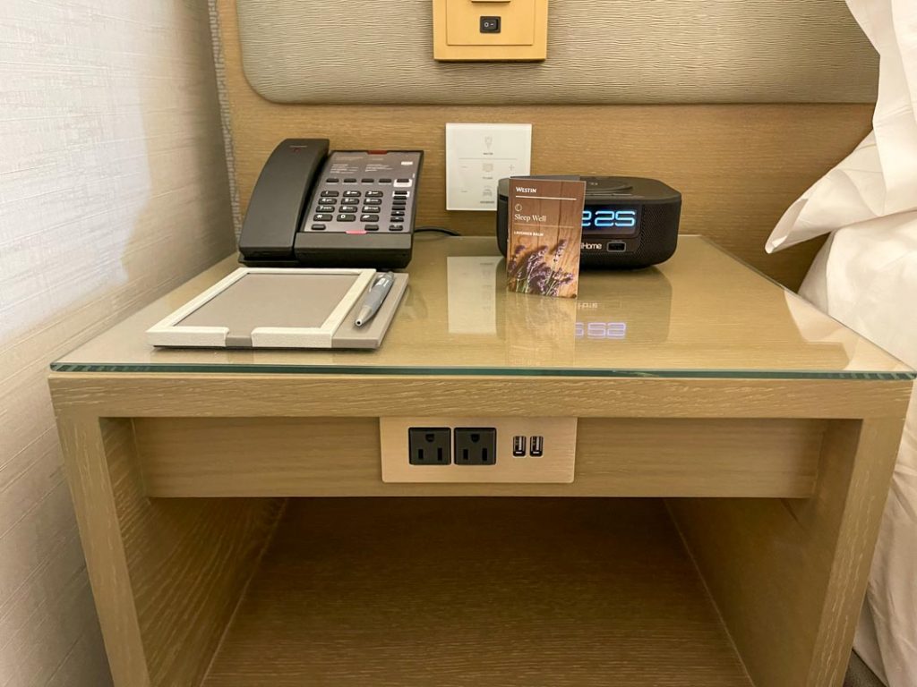 Interior of Westin Anaheim hotel room showing nightstand 