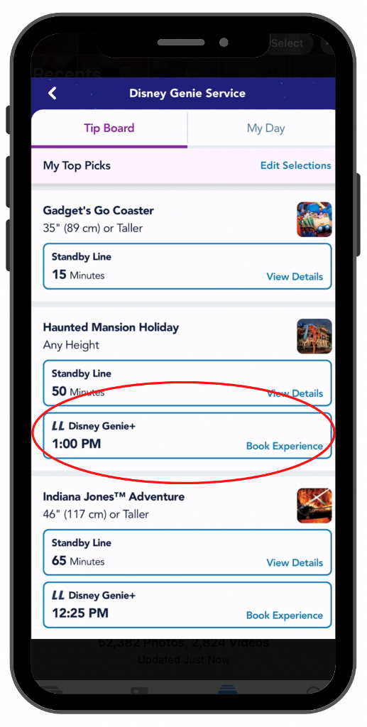 Screenshot of Disneyland app showing Tip Board of Genie Plus