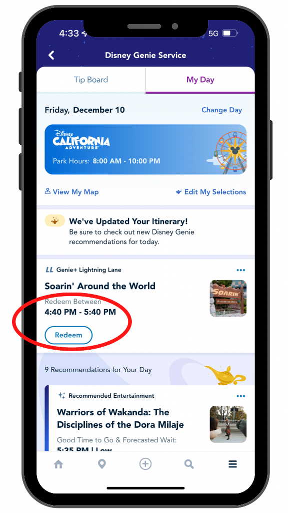 Screenshot of Disneyland app showing Tip Board of Genie Plus