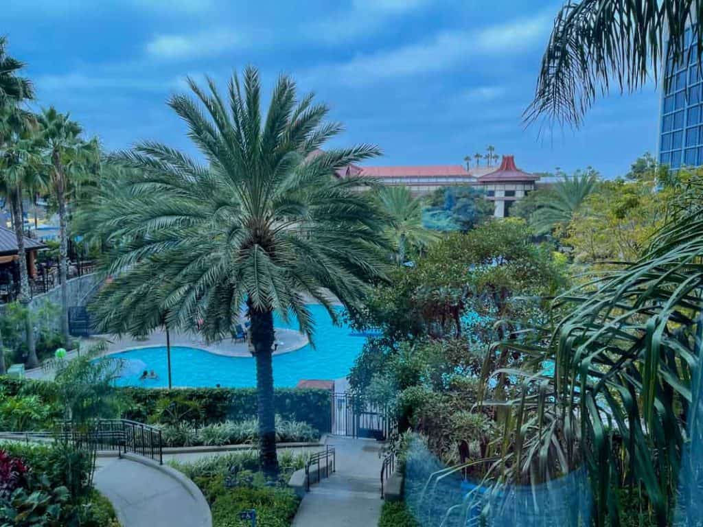 Look at Disneyland Hotel pool from Disneyland Hotel room in Adventure Tower