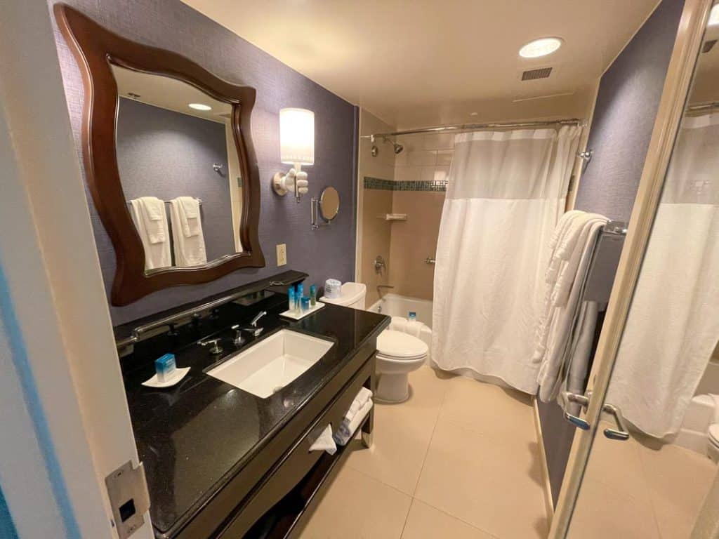 Interior of Disneyland Hotel room bathroom showing sink, toilet, and shower