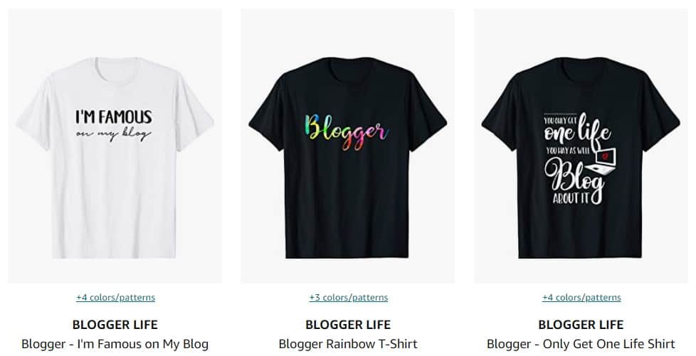 Row of three shirts with different sayings about blogging