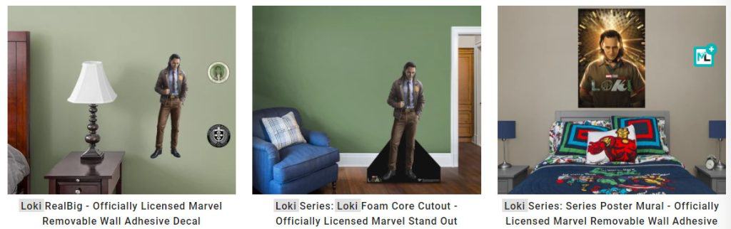 Website screenshot of three Loki products from Fathead