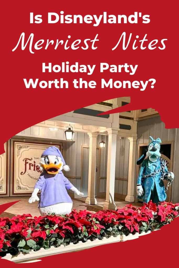 Scrooge McDuck and Goofy as Jacob Marley at Disneyland with red background and text overlay "Is Disneyland's Merriest Nites Holiday Party Worth the Money?"