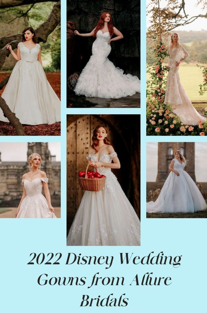 Collage showing 6 wedding gowns from the Allure Bridals Disney collection