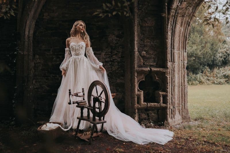 woman wearing bridal gown inspired by Aurora