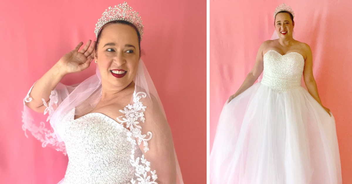 Collage of two images of woman in bridal gown with sweetheart neckline, tiara, and veil