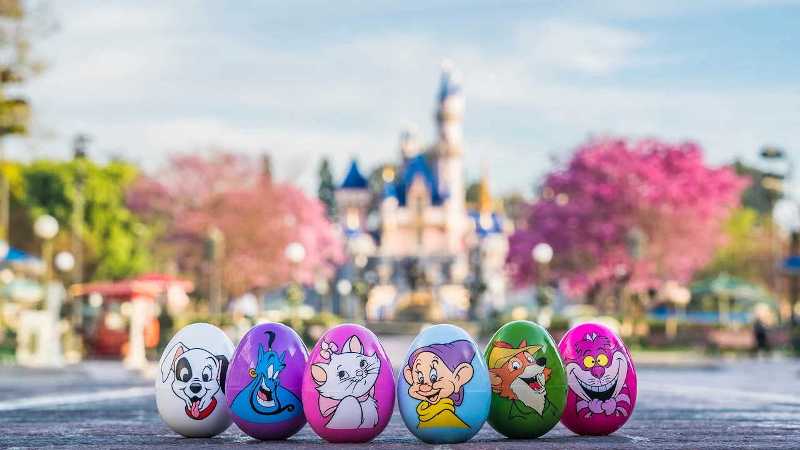 Row of six colorful easter eggs with Disney characters on them