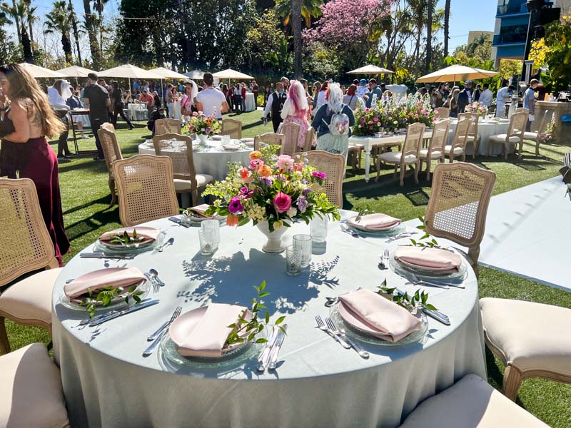 Wide shot of Adventure Lawn wedding reception set up at Disneyland Hotel