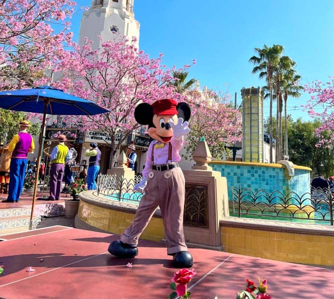 Mickey waves in front of flowering pink tree at Disney California Adventure