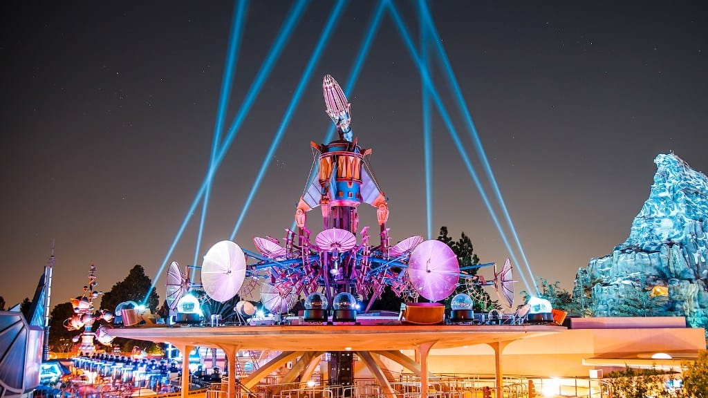 Astro Orbiter at night at Tomorrowland inside Disneyland California