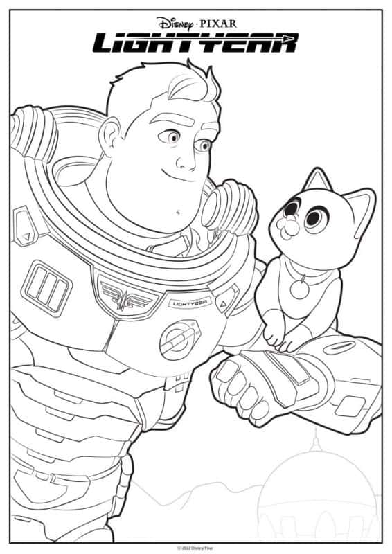 Lightyear coloring page featuring Buzz and Sox