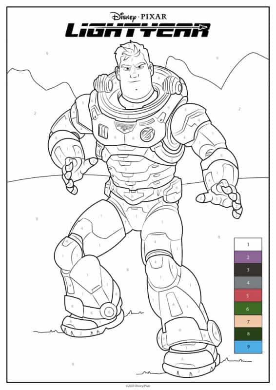 Lightyear coloring page with color by number guide