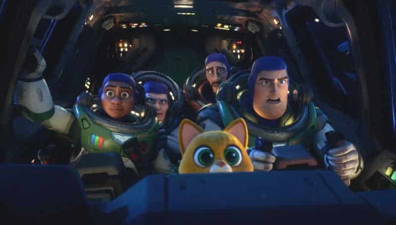 Buzz Lightyear and friends sit in their rocketship