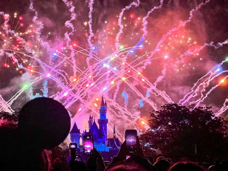 Star Wars Nite multi color fireworks light up the night sky over Sleeping Beauty Castle