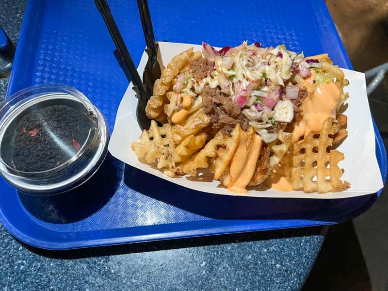 Waffle fries topped with brisket and salsa sitting on a blue tray