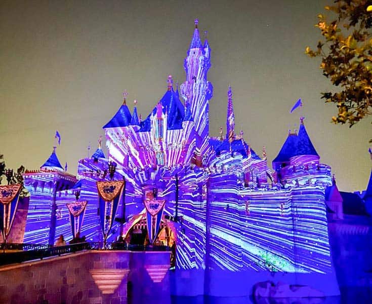 Hyperspace light projections on Sleeping Beauty Castle at Disneyland for Star Wars Nite