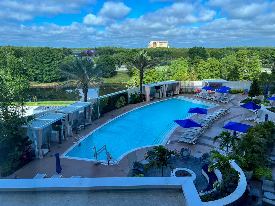 Upper floor view looking down on pool area of Swan Reserve