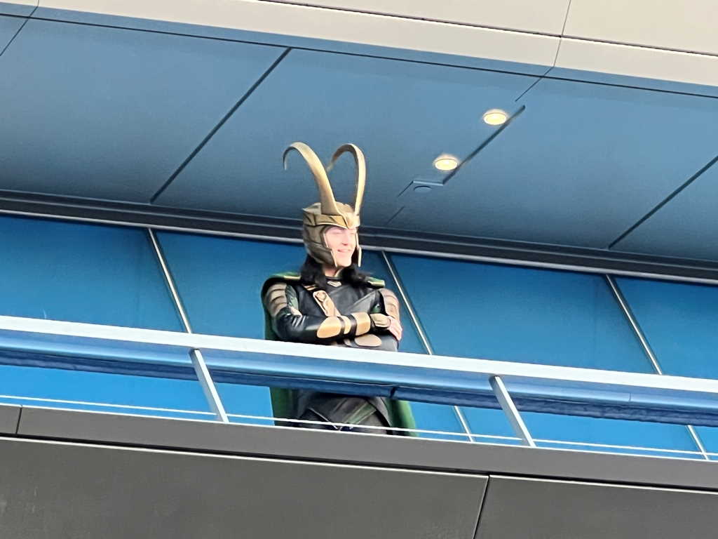 Loki looks over Avengers Campus at Disneyland in California